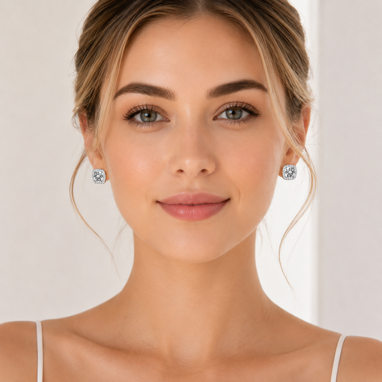 The Lumina Cushion Halo Studs – 7mm Round D-VVS1 Moissanite Earrings in S925 Silver