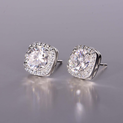 The Lumina Cushion Halo Studs – 7mm Round D-VVS1 Moissanite Earrings in S925 Silver