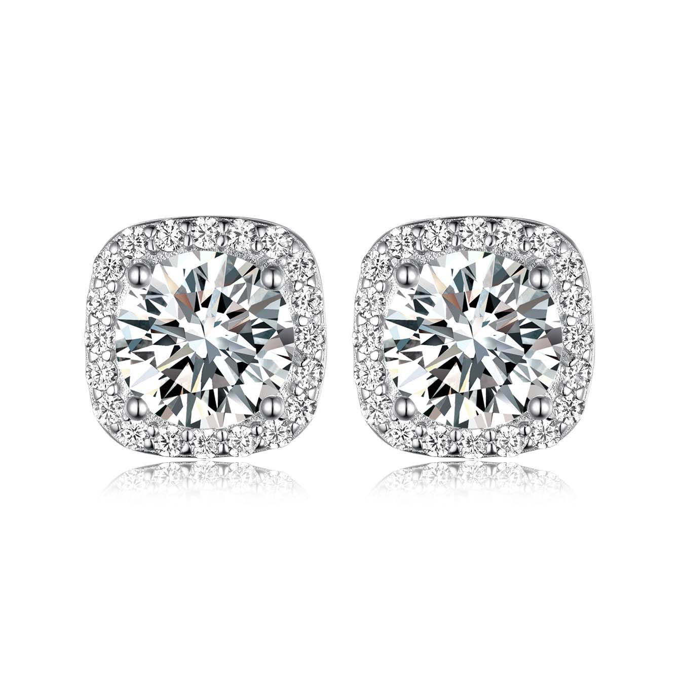The Lumina Cushion Halo Studs – 7mm Round D-VVS1 Moissanite Earrings in S925 Silver
