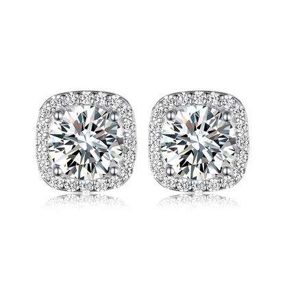 The Lumina Cushion Halo Studs – 7mm Round D-VVS1 Moissanite Earrings in S925 Silver