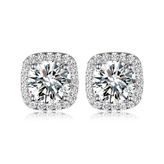 The Lumina Cushion Halo Studs – 7mm Round D-VVS1 Moissanite Earrings in S925 Silver