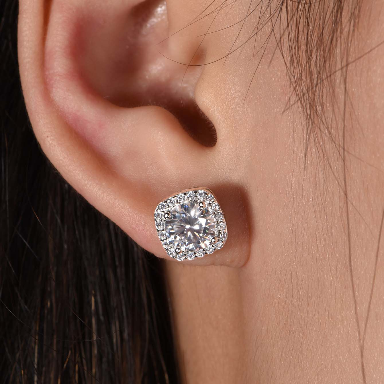 The Lumina Cushion Halo Studs – 7mm Round D-VVS1 Moissanite Earrings in S925 Silver